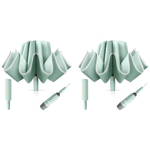 PALAY® Auto 3-Fold Large Umbrella with Reflective Strip 50'' Compact Travel One-Touch Open Close Reinforced 10 Dual Ribs Sun Protection 99 UV Rain Windproof for Men Women Mint Green 2 PCS PALAY® Auto 3-Fold Large Umbrella with Reflective Strip 50'' Compact Travel One-Touch Open Close Reinforced 10 Dual Ribs Sun Protection 99 UV Rain Windproof for Men Women Mint Green 2 PCS